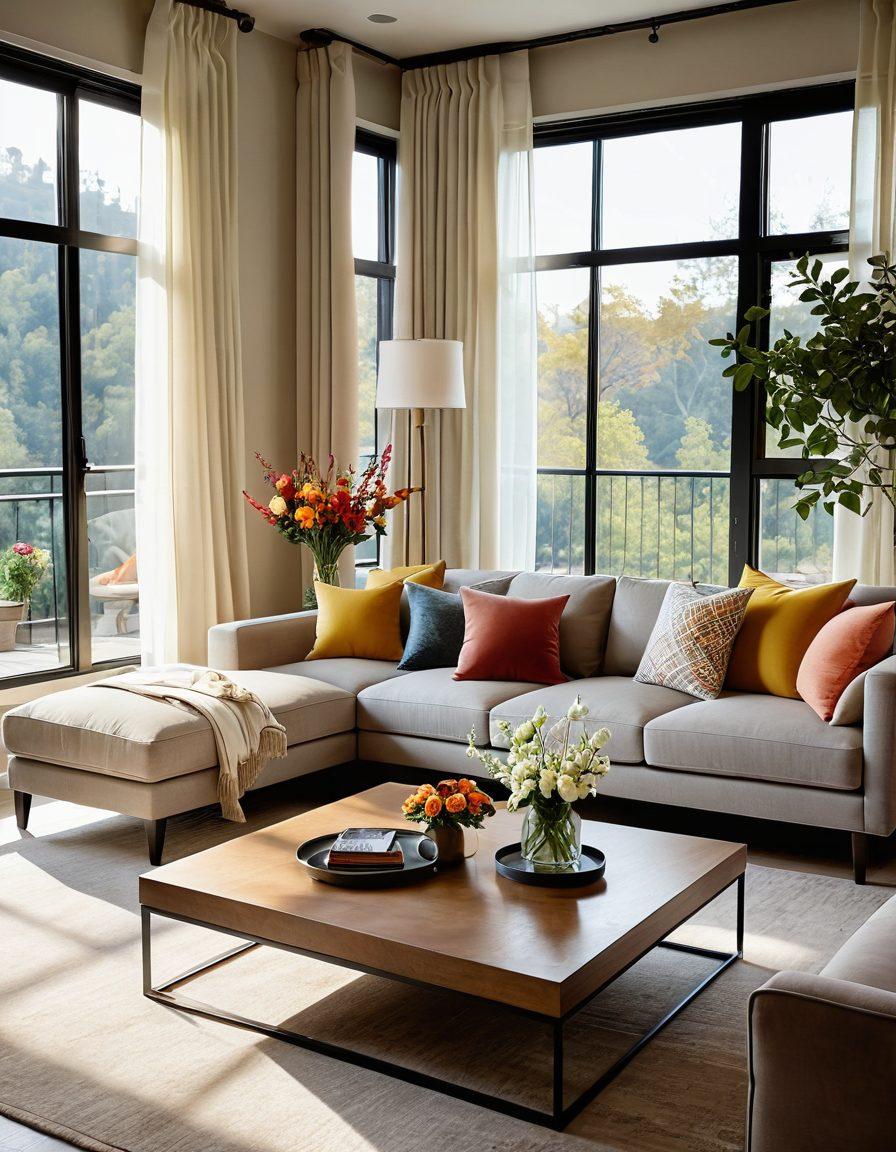 A cozy modern living room featuring a stylish sofa with vibrant pillows, a sleek coffee table adorned with fresh flowers, and warm ambient lighting illuminating the space. Large windows with sheer curtains revealing a sunny outdoor view, and tastefully arranged art on the walls. Emphasize a harmonious color palette with earthy tones and minimalistic decor elements. super-realistic. vibrant colors. warm lighting.