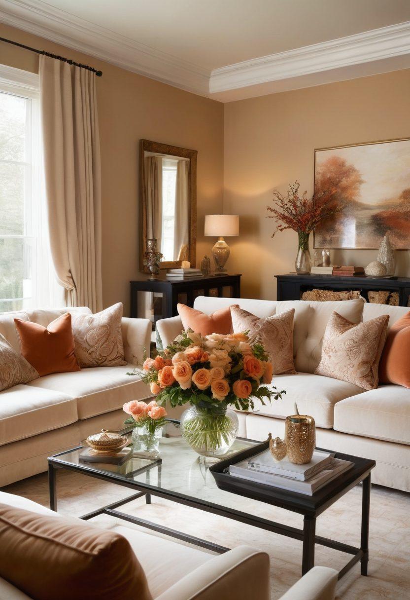 A beautifully styled living room showcasing elegant furnishings, such as a plush velvet sofa, intricate coffee table, and tasteful decor like artwork and vases filled with flowers. Soft, ambient lighting sets a cozy atmosphere, while a glimpse of a well-decorated dining area can be seen in the background. The palette is a mix of soft neutrals and rich accents, evoking a sense of sophistication and comfort. super-realistic. warm colors. natural lighting.