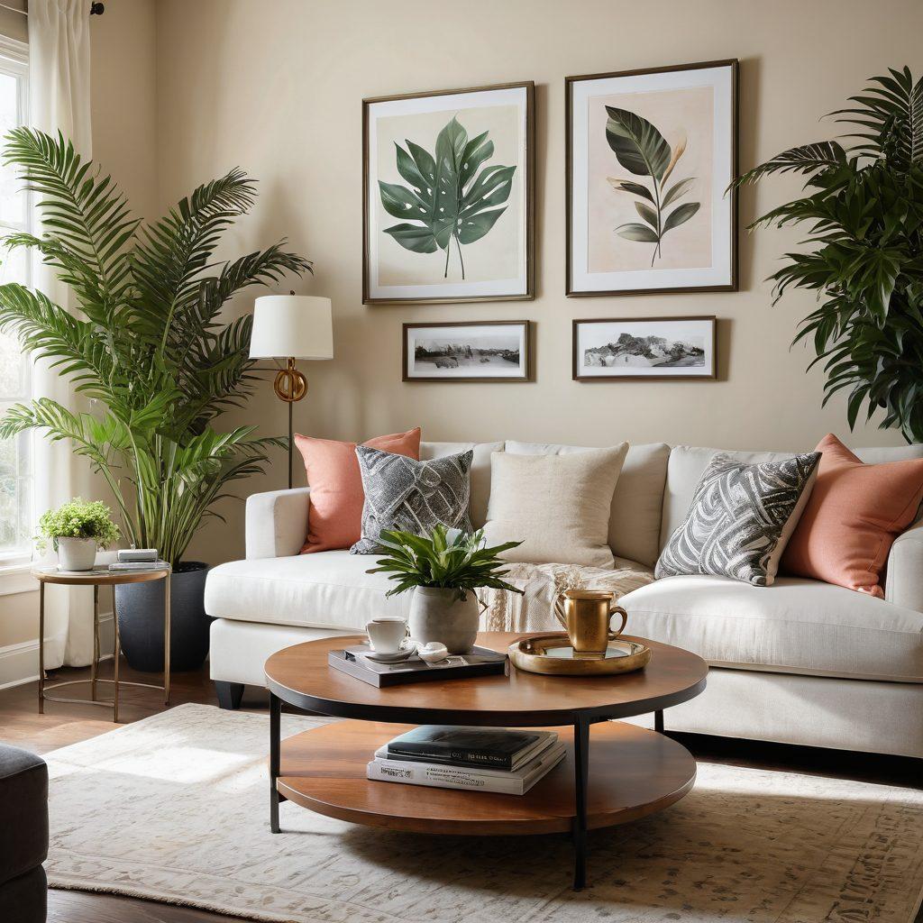 A stylish living room featuring essential accessories like elegant throw pillows, modern coffee table, chic wall art, and lush indoor plants. Soft natural lighting accentuates the cozy atmosphere, while a steaming cup of tea rests on the coffee table. The color palette combines warm neutrals with pops of vibrant color. super-realistic. vibrant colors. soft focus.